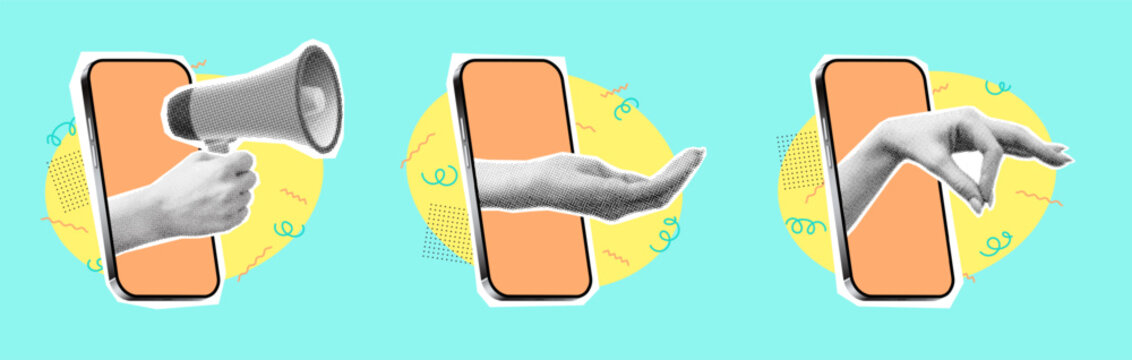 Set of collage elements with phones and hands. Vector illustration with hands coming out of phones and showing different gestures. Retro banner with cut out paper elements.