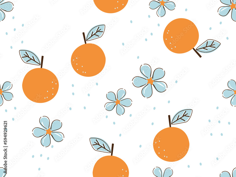 Wall mural Seamless pattern with orange fruit and blue flower on white background vector illustration. Cute fruit print.