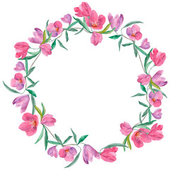 Watercolor round frame. Flower frame. Template for printing gift wrapping, invitations. Purple frame with flowers.