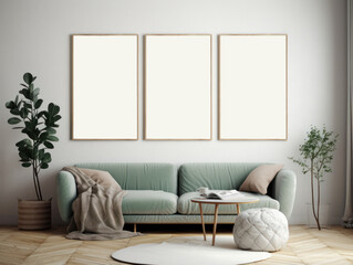 Mock up picture frame on wall in modern boho interior living room. Generative ai