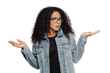 Confused unaware Afro woman with crisp hair, raises hands in bewilderment, looks aside, cannot make...