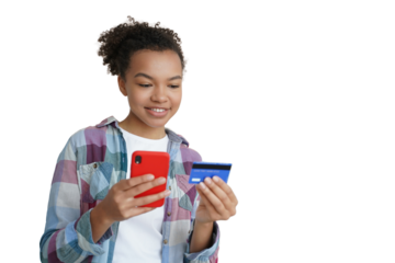 Biracial young girl pay purchase online with credit card, smartphone at home. Mobile banking apps