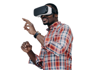 African american man in vr glasses, interact with virtual augmented reality, play online video game