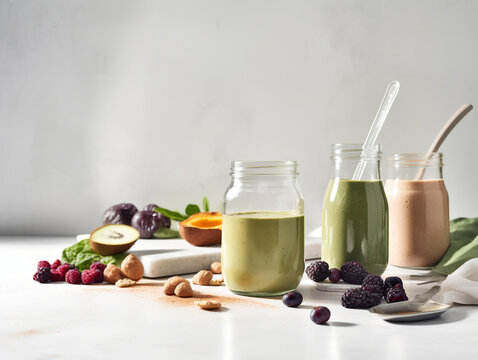 A modern stilllife of healthy smoothies arranged with their ingredients