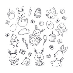 set of easter elements on white background for your design. Easter bunny and eggs in doodle style. Vector illustration