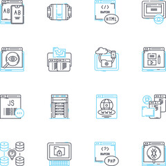 Virtual security linear icons set. Encryption, Firewall, Antivirus, Authentication, Privacy, Secure, Safety line vector and concept signs. Malware,Cybersecurity,Threats outline illustrations