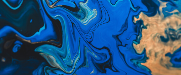 Fantasy fluid art background in blue tints with gilding. Flowing ripple effect of liquid ink. Dark...