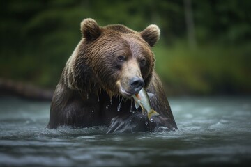 Plakat Bear Fishing in the Wild. Generative AI