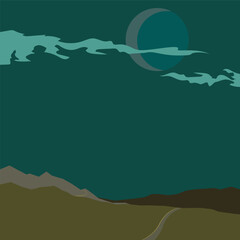  Vector Flat  minimalistic aesthetic Night landscapes with mountains on background and road trought hills