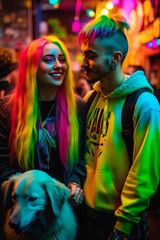Obraz premium Colorful Joy: A Vibrant Collection of People Celebrating Life in Rainbow Hues, Enhanced by Generative AI Art, Including Children and Pets, Generative AI, Generativ, KI