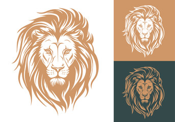 Lion head company logo vector line art illustration on black and white background. Lion face and mane business logo design.