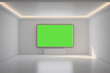 minimalistic white room with a green screen tv on the wall. generative ai