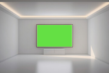 Fototapeta premium minimalistic white room with a green screen tv on the wall. generative ai
