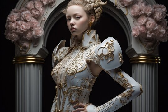 cyborg model standing with pastel flowers in Rococo style, incorporating both contemporary and historical design element. generative AI