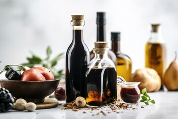 Obraz na płótnie Canvas Organic balsamic vinegar and cooking ingredients on white table, closeup. Generative AI