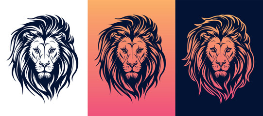 Lion head logo template design line art vector illustration isolated on white and dark backgrounds. Lion face with mane hair brand identity logotype design.