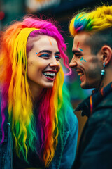 Fototapeta premium Colorful Joy: A Vibrant Collection of People Celebrating Life in Rainbow Hues, Enhanced by Generative AI Art, Including Children and Pets, Generative AI, Generativ, KI