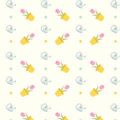 Spring flowers in pots. Cartoon spring seamless pattern with tulips in pots and small watering can. 