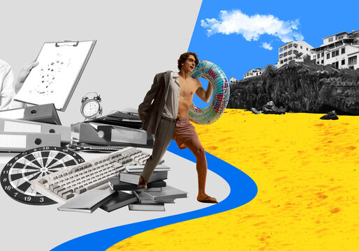 Excited businessman standing with swimming circle at work and moving into warm suny holidays on beach. Contemporary art collage. Business and vacation, inspiration, surrealism concept. Creative design