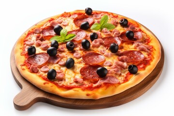 Isolated pepperoni pizza with salami and olives png. Generative AI