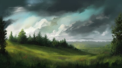 Obraz na płótnie Canvas green meadows with coniferous trees with ominous clouds. landscape. generative ai