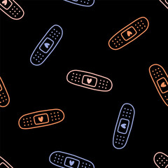 Seamless pattern with colorful outline band aid and black background