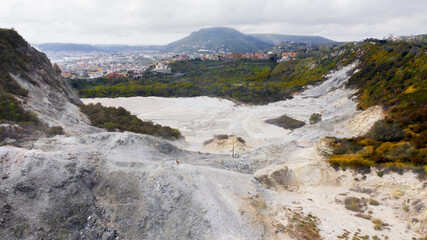 Aerial view of Solfatara of Pozzuoli, near Naples, Italy. It is a dormant volcano and part of the...