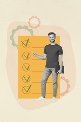 Poster banner collage of manager guy with computer laptop pointing finger note paper tick right...