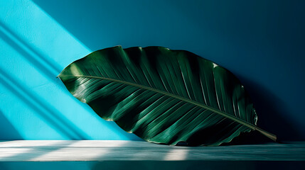 Tropical banana leaf shadow on pastel blue wall background lying wood panel.