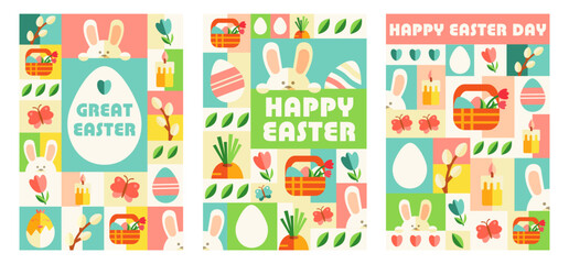 Greeting cards for Happy easter in the modern geometric style of the 60s 70s. Vector illustration. Cards, postcards, posters.