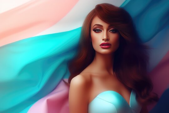 A young caucasian transgender model with red hair holding a rtransgender pride flag over their head on a gay pride, banner for pride month, created with generative ai