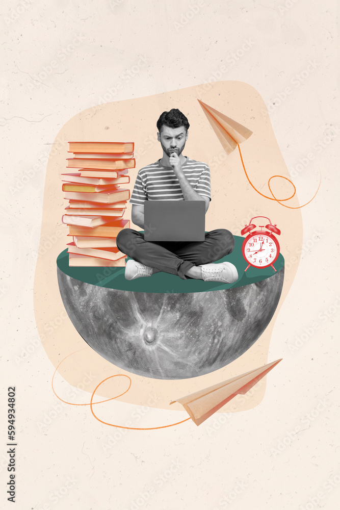 Poster magazine collage template of questioned guy working on netbook doing job report using pile stack enc
