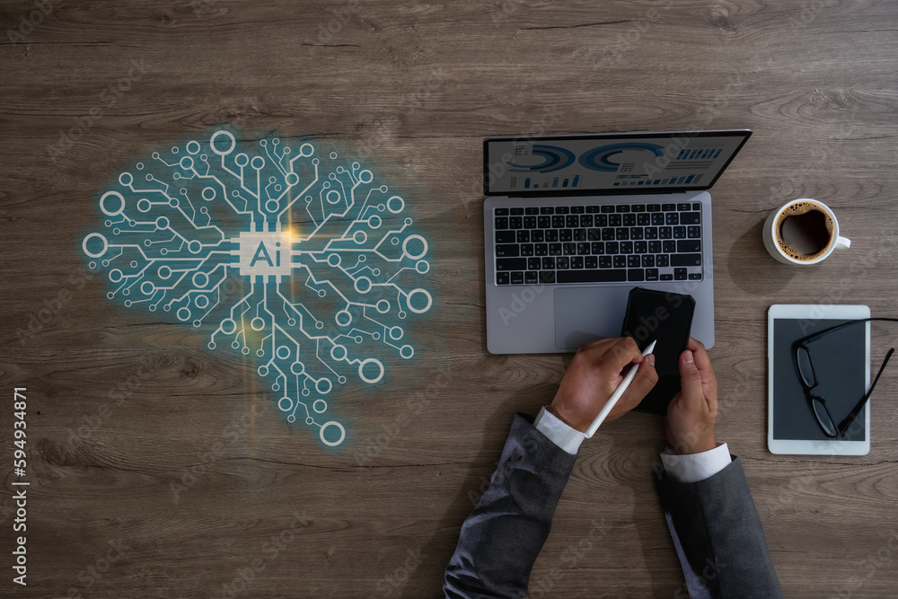 Poster artificial intelligence (ai) businessman hand working computer big data network connection internet 