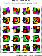 Abstract visual puzzle. For each row find two identical objects (possibly rotated). Answer included.
