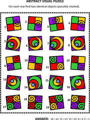 Abstract visual puzzle. For each row find two identical objects (possibly rotated). Answer included.
