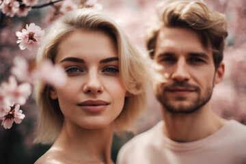 smiling beauty woman and handsome young adult man in close-up with spring background with pink sakura flowers in full bloom. Generative AI