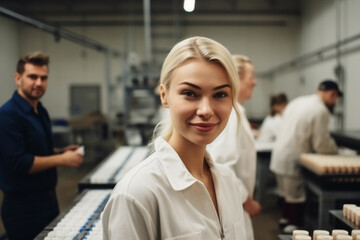 Obraz premium young woman with blond hair in a production hall or room, manufacturing and job, fictional place. Generative AI