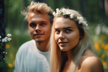 Fototapeta premium young couple or teenagers in nature, outdoors in the forest. Generative AI