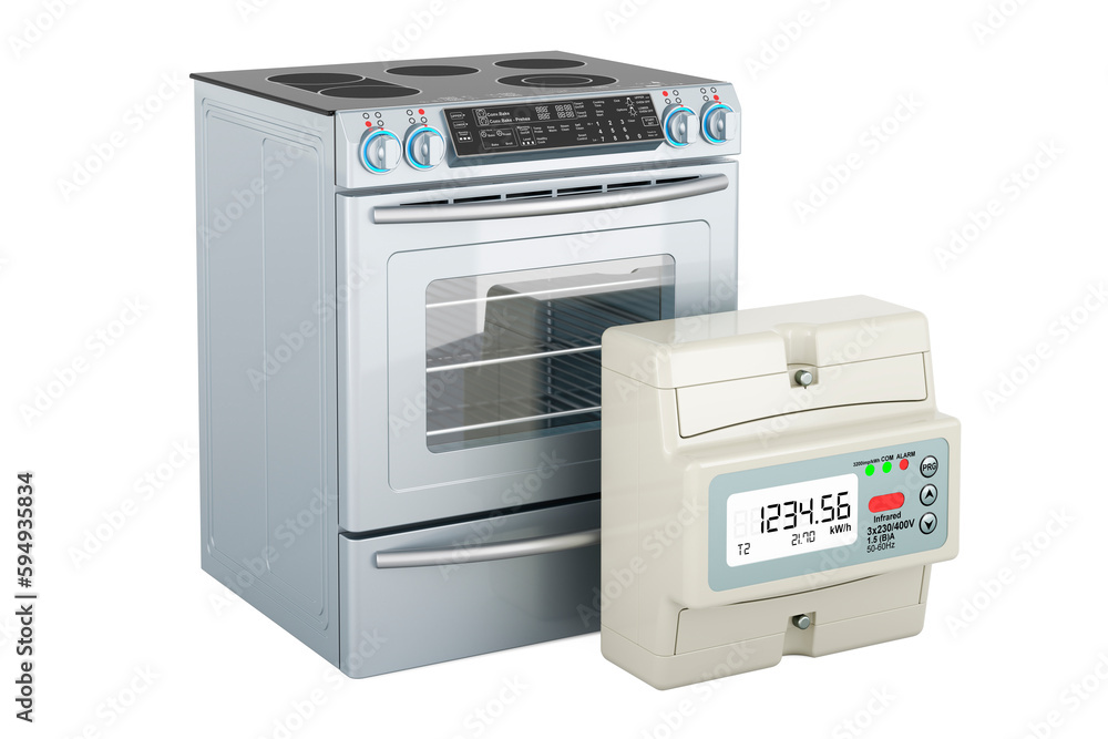 Poster electric meter with electric slide-in convection range, 3d rendering
