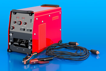 Welding machine with stick electrode holder, work cable and clamp on blue background, 3D rendering - obrazy, fototapety, plakaty