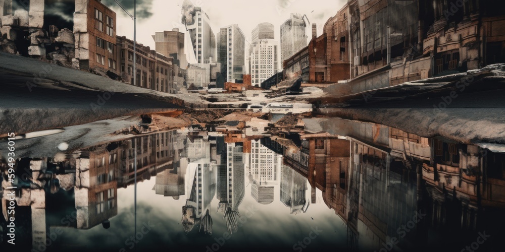 Poster a picture of a city with a reflection in the water. ai generative image.