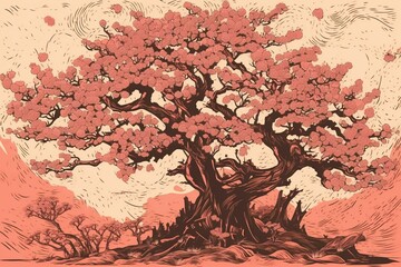 Cherry blossom tree japanese woodblock print style created with AI. Generative AI