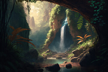 Enchanting Waterfall in Lush Rainforest - Generative AI Landscape