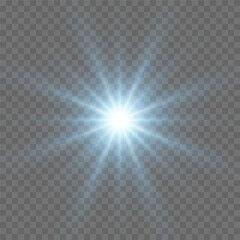 Blue sunlight lens flare, sun flash with rays and spotlight. Glowing burst explosion on a transparent background. Vector illustration.