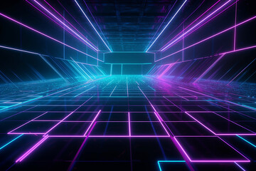 Abstract background neon lights with lines and a grid visuals technology Generative AI