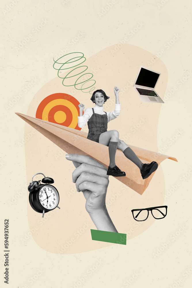 Aufkleber magazine template collage of successful manager flying up on paper plane progress company developmen
