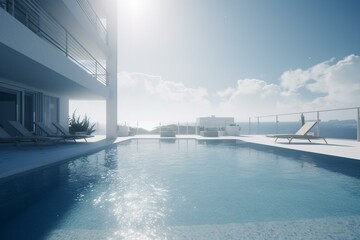a large swimming pool next to a large white building with a view of the ocean in the distance and a lounge chair on the side of the pool.  generative ai
