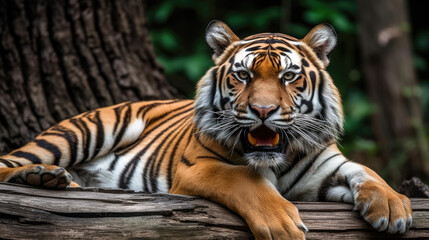 Fototapeta na wymiar Tiger Laying on Log in Forest, Tree Trunk, Resting in Bush - Generated AI