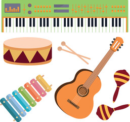 Musical instrument guitar tambourine xylophone synthesizer piano maracas vector illustration