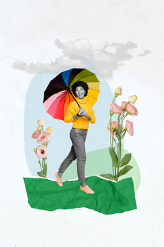 Vertical collage banner picture young charming girl female enjoy spring coming concept walk make step hold umbrella
